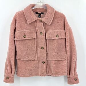 Forever 21 Teddy Jacket Shacket Womens Small Mauve Pink Distressed Plush Fall